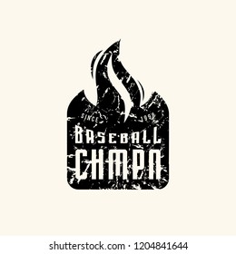 Emblem of baseball championship with vintage texture for sticker and t-shirt design. Black print on white background