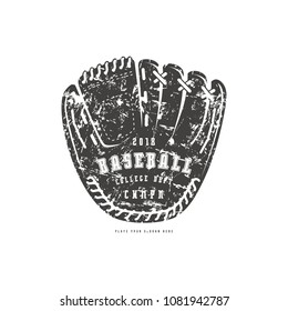 Emblem of baseball college team. Graphic design with rough texture for t-shirt. Black print on white background