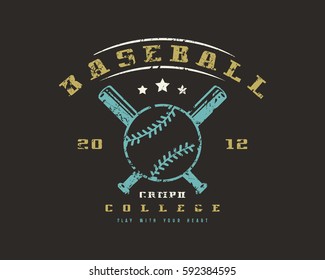 Emblem of baseball college team. Graphic design for t-shirt. Color print on black background