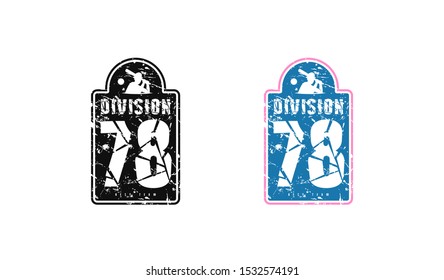 Emblem of baseball division. Design with vintage texture for t-shirt. Black and color print on white background