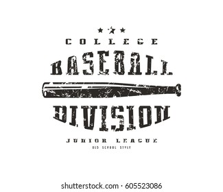Emblem baseball division. Graphic design for t-shirt. Black print on white background