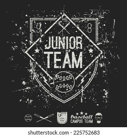 Emblem baseball junior college team. Graphic design for t-shirt.  White print on a  black background