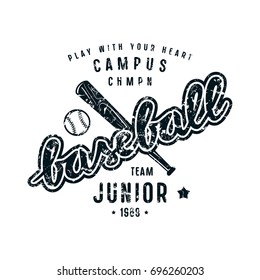 Emblem of baseball junior team. Graphic design for t-shirt. Black print on white background