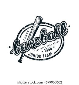 Emblem of baseball junior team. Graphic design for t-shirt. Black print on white background