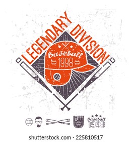 Emblem baseball legendary division of college. Graphic design for t-shirt.  Color  print on a  white background