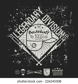 Emblem baseball legendary division of college. Graphic design for t-shirt.  White print on a  black background