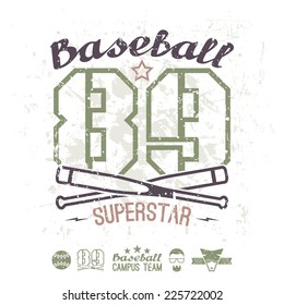 Emblem baseball superstar college team. Graphic design for t-shirt.  Color  print on a  white background