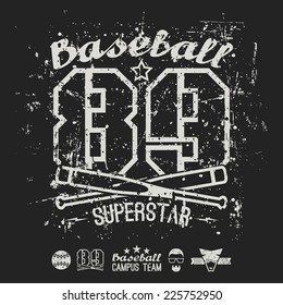 Emblem baseball superstar college team. Graphic design for t-shirt.  White print on a  black background