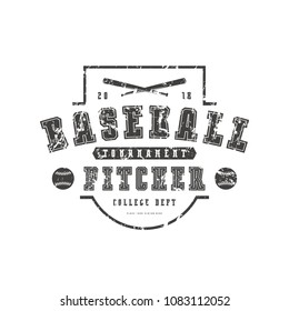 Emblem of baseball team. Graphic design with rough texture for t-shirt. Black print on white background