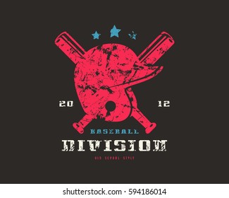 Emblem of baseball team. Graphic design for t-shirt. Color print on black background