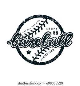 Emblem of baseball team. Graphic design for t-shirt. Black print on white background