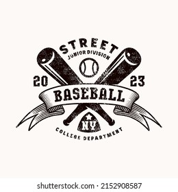 Emblem of baseball tournament in college style. Graphic design for t-shirt. Black print with rough retro texture on white background