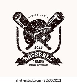 Emblem of baseball tournament in college style. Graphic design for t-shirt. Black print with rough retro texture on white background