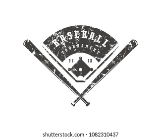 Emblem of baseball tournament. Graphic design with rough texture for t-shirt. Black print on white background