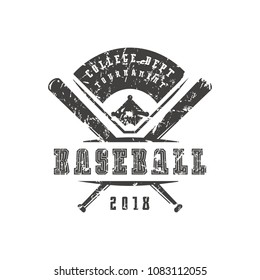 Emblem of baseball tournament. Graphic design with rough texture for t-shirt. Black print on white background