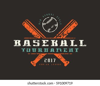 Emblem of baseball tournament. Graphic design for t-shirt. Color print on black background