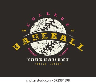 Emblem of baseball tournament. Graphic design for t-shirt. Color print on black background