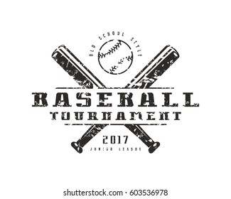 Emblem of baseball tournament. Graphic design for t-shirt. Black print on white background