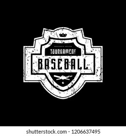 Emblem of baseball tournament with vintage texture for sticker, tag and t-shirt design. White print on black background