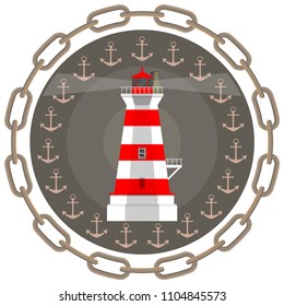 Emblem with a beacon. Vector illustration of a beacon framed by anchors and chain.