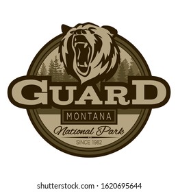 The emblem with bear. Guard National Park Montana. Print design and embroidery for t-shirt. Logo and label. Guards emblem with head of bear.