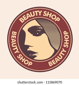 emblem "beauty shop" with woman face. vector illustration. color version.