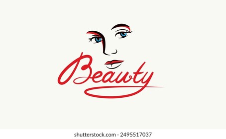 Emblem for a beauty studio or cosmetology clinic or cosmetics brand, vector illustration of a beauty woman face with Beauty work handwritten lettering, classic style logo.