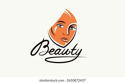 Emblem for a beauty studio or cosmetology clinic or cosmetics brand, vector illustration of a beauty woman face with Beauty work handwritten lettering, classic style logo.