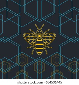 Emblem bee in on a dark background linear hexagons honey products design
