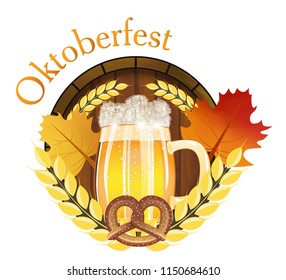 Emblem Beer Festival Oktoberfest in Germany for poster or banner with with fresh lager beer, barrel and pretzel, maple leafs. Vector illustration.