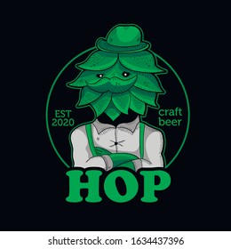 Emblem for beer with a mustached hops character.