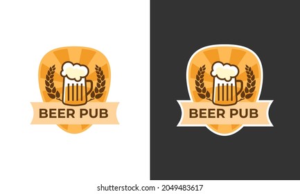 Emblem for a beer pub with a glass of beer and spikelets of barley. Beer bar logo isolated on white and dark background