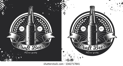 Emblem of beer in vintage style. Monochrome vector illustration. A bottle of beer and a ribbon for the inscription.