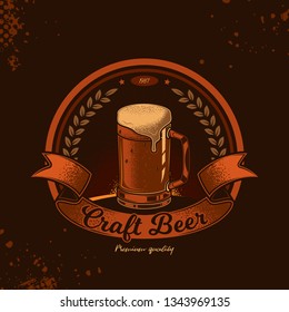 Emblem of beer in vintage style. Original vector illustration. A mug of beer, and a ribbon for the inscription.