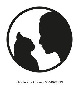 emblem in black circle girl and cat on white background