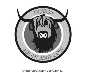 Emblem of  black and white Highland cattle, cow. Cute head of Scottish cattle isolated on white background. Written Design Highland Cow. Design element for logo, poster, card, banner, emblem, t shirt.