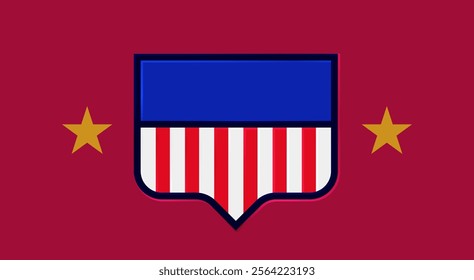 Emblem with a blue top section and red and white stripes. Red background adorned with gold stars. Patriotism and could be used in various contexts related to national pride.