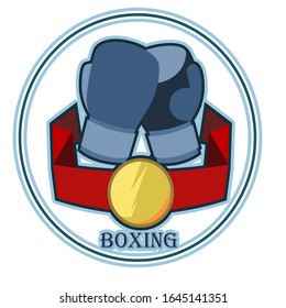 Emblem of a boxing club, team. Vector illustration. Boxing squad logo. Boxing gloves, belt of the winner of the tournament. Symbolic flat image. Isolated on a white background.
