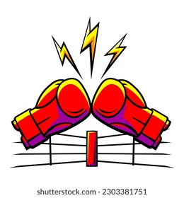 Emblem with boxing gloves. Box club label. Sport illustration in cartoon style.