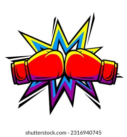 Emblem with boxing gloves. Box club label. Sport illustration in cartoon style.