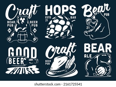 Emblem with brewery bear, brewery hop and bavarian hat. Craft brewing for beer bar or pab