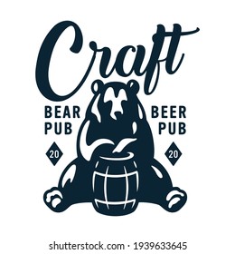 Emblem of brewery bear with wood barrel of craft brewing beer for bar or pab