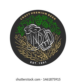 Emblem brewery. Vector art line label. Glass with drink, hop, leaf and ears of wheat. Craft beer. Graphic color illustration, round concept in black circle on white background. Art sketch