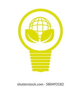 emblem with bulb light with world map and leaves