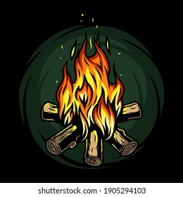 Emblem of burning bonfire with a large flame for camping. Colored vector Illustration of campfire for traveler and tourist. Outdoor adventure equipment. Sport activity