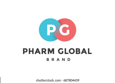 Emblem of business company with two circle, letter P, G, text Pharm. Logo template of two merged circles for brand. Logo, signs, labels, identity, badges for business brands. Vector Illustration