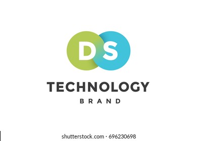 Emblem of business company with two circle, letter D, S, text Technology. Logo template of two merged circles for brand. Logo, signs, labels, identity, badges for business brands. Vector Illustration