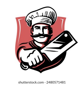 Emblem of butcher meat shop. Chef with a knife. Design element for restaurant menu, vector illustration