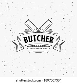 Emblema de la tienda de carne de carnicero con cuchillos, texto The Butcher Meat Shop. Plantilla de logotipo para el negocio de la carne - tienda, mercado, restaurante o diseño - banner, pegatina. Ilustración vectorial