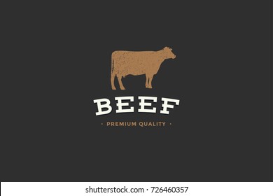 Emblem of Butcher shop with picture of silhouettes cow and writing beef premium quality. Design elements for meat stores, packaging and advertising. Vector Illustration.